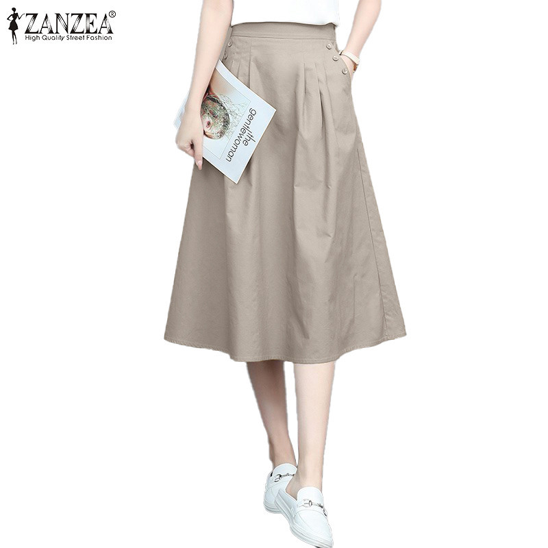 Zanzea ผู้หญิงเกาหลีลําลองปุ่มสีธรรมดาเอวยางยืดจีบกระโปรง A-Line