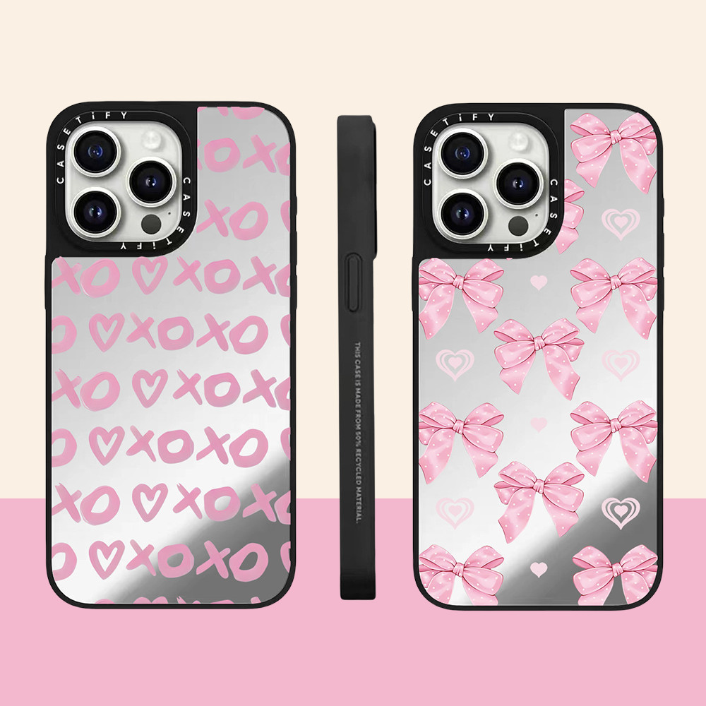 สีชมพูxo Bowknotกระจกเคสโทรศัพท์สําหรับiPhone 15 ProMax 15Pro 15 14 13 12 11 Pro Maxกรณีห่อกันกระแทกด้านหลังอะคริลิค