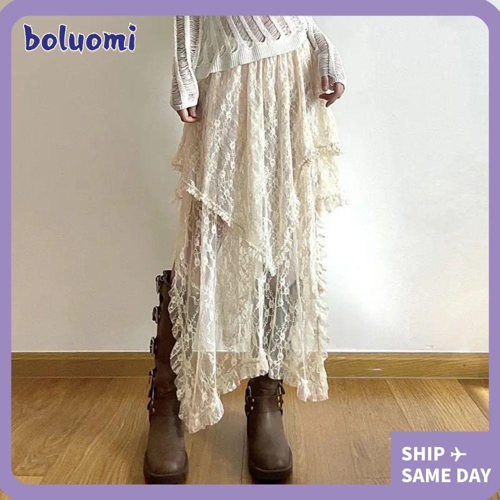 Bolumi Boho กระโปรงกลาง, กระโปรงอสมมาตรลูกไม้เอวสูงสีเบจ, น่ารัก Y2k Slim Fit Chic กระโปรงจีบสาวเผ็ด