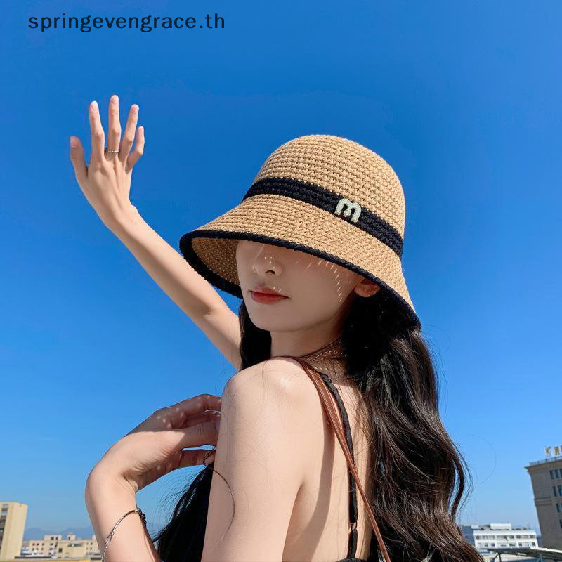 Springevengrace 1PC ใหม่กลางแจ้ง UV Protection Sun หมวกฤดูร้อนผู้หญิงถังพับอ่างล้างหน้าหมวก Hollow เย็บปานามาหมวกชาวประมงใหม่