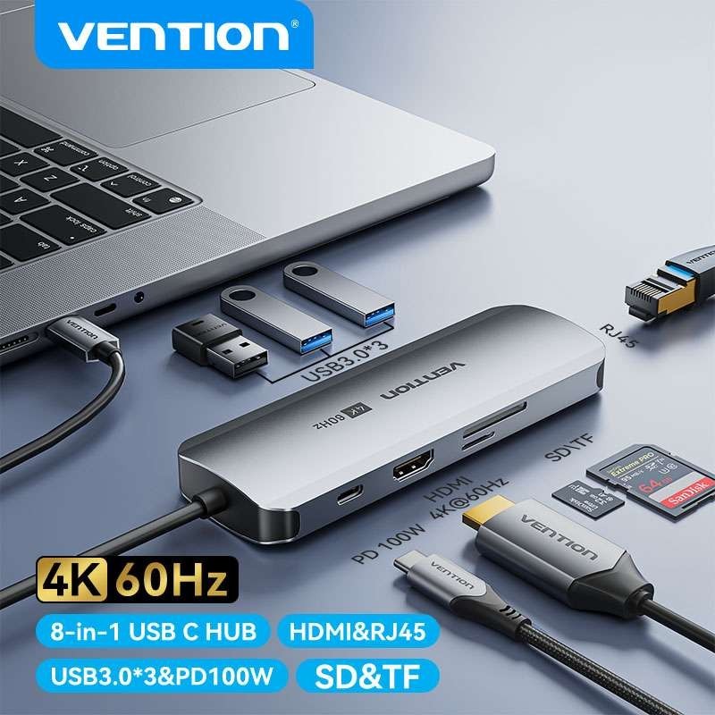 Vention ฮับ USB C 9 in 1 พร้อมอะแดปเตอร์แปลง 4K 60Hz HDMI VGA 3 USB 3.0 USB C เป็น RJ45 Ethernet PD 100W 3.5 มม. SD TF สําหรับแล็ปท็อป Ipad MacBook
