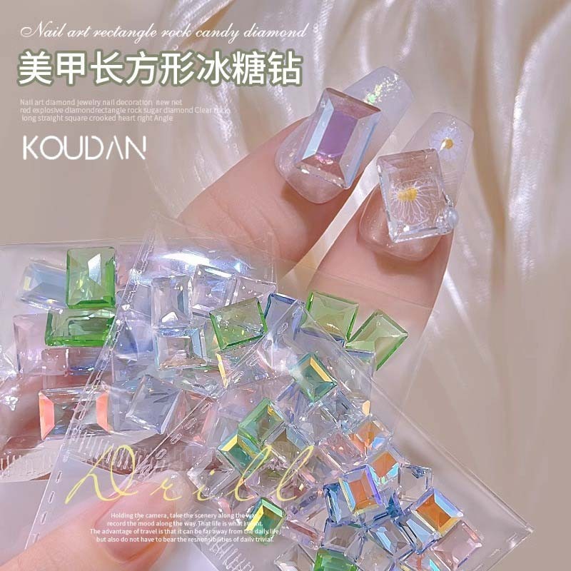 เล็บตกแต่งเล็บสติกเกอร์เล็บ Rhinestone คริสตัลเงาเพชร Rock Sugar รูปสี่เหลี่ยมผืนผ้าโปร่งใส 50 ชิ้น KOULDAN