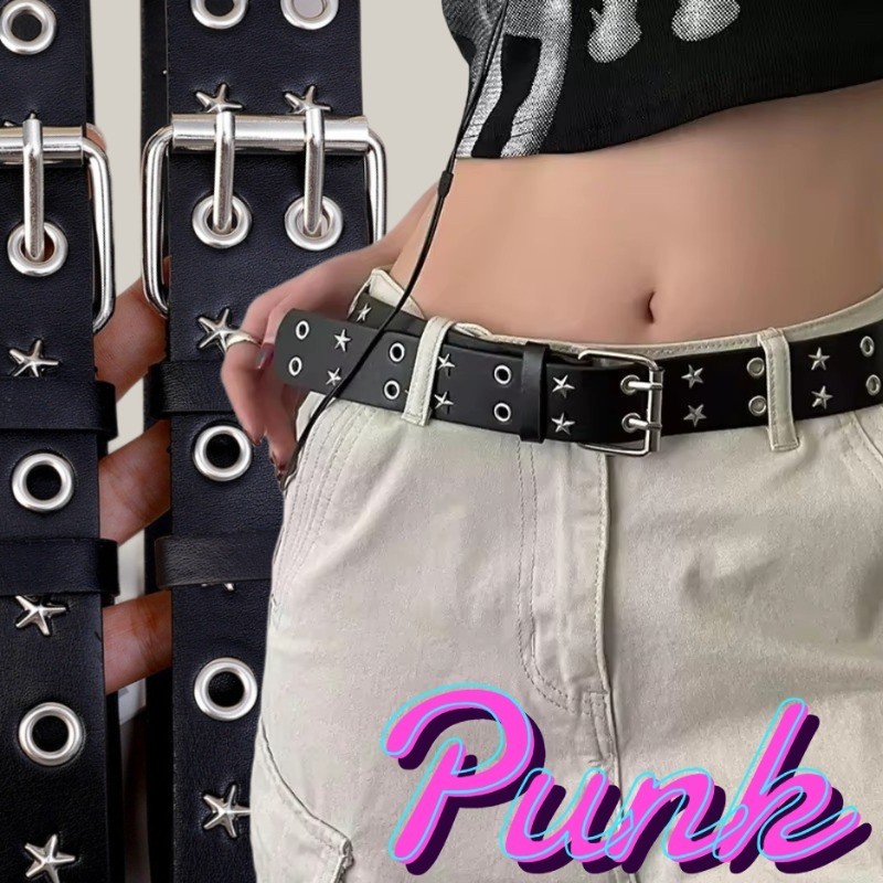 เข็มขัดหนังหมุด-สําหรับผู้หญิงผู้ชาย-เข็มขัดกลวงแถวคู่-กางเกงยีนส์,อุปกรณ์ตกแต่งกระโปรง- ย2เค, พังก์, อินเทรนด์-ดาว ปู่ สายรัดเอว