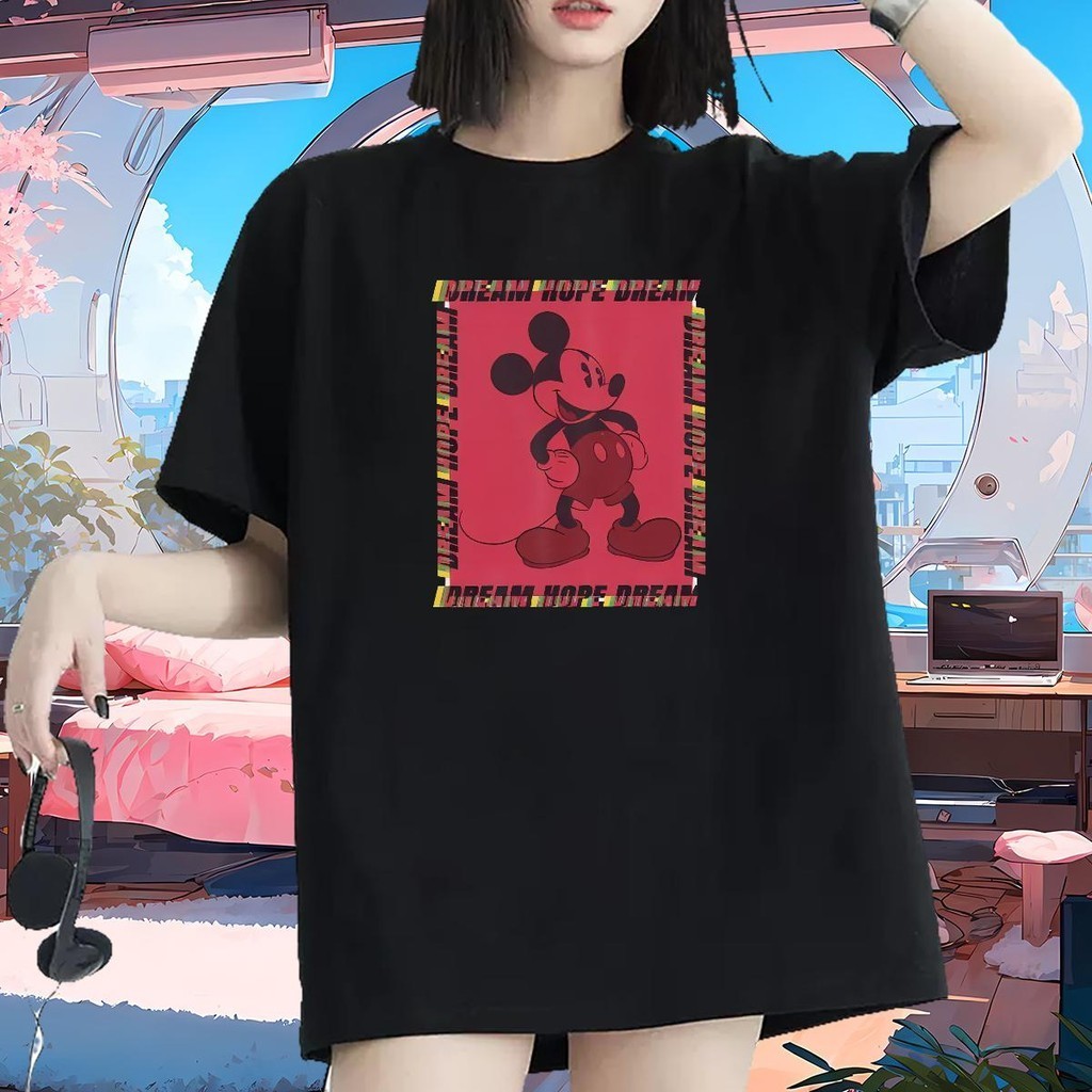 ☀️☀️☀️  สวมใส่แฟชั่นดีไซเนอร์ผ้าฝ้าย 100% DISNEY สีดำขนาดใหญ่พิเศษรอบคอแขนสั้นสไตล์เกาหลี Unisex Tsh