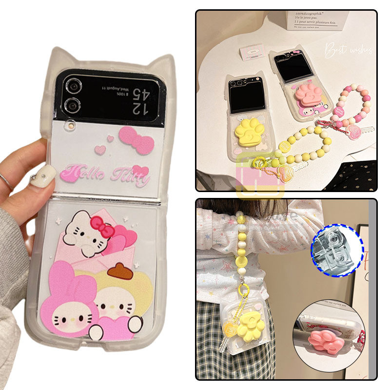 น่ารักเรียบง่ายการ์ตูนหมีช้าง Sanario Hello Kitty Cat 3D หูแมวใสพร้อมเชือกเส้นเล็กเคสโทรศัพท์ Samsun