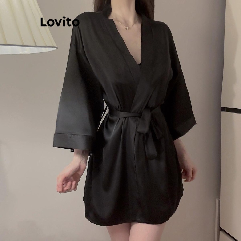 Lovito เสื้อคลุมผู้หญิง มีเข็มขัด สีพื้น สไตล์ลำลอง LNA69230