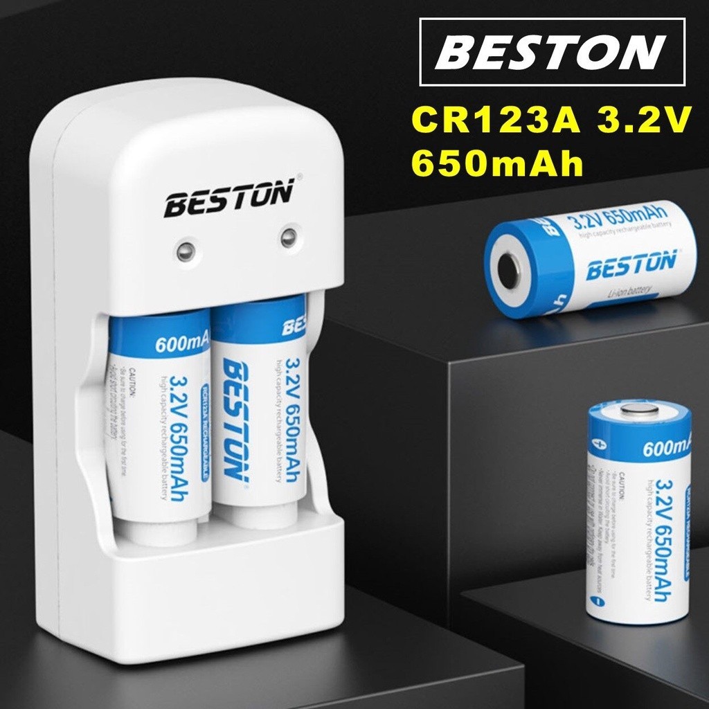 แบตเตอรี่ Beston ถ่านชาร์จ CR123A 3.2V 650mAh 2ก้อน พร้อมที่ชาร์จ แบตเตอรี่ CR123A