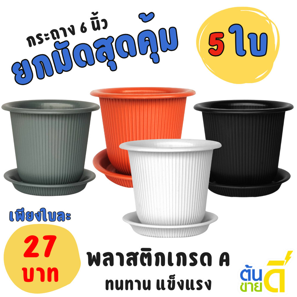 กระถาง กระถางต้นไม้ มินิมอล ฮีโร่ + จาน ขนาด 6 นิ้ว สีดำ สีขาว สีเทา สีอิฐ Bundle 5 ใบ ชิ้น อัน