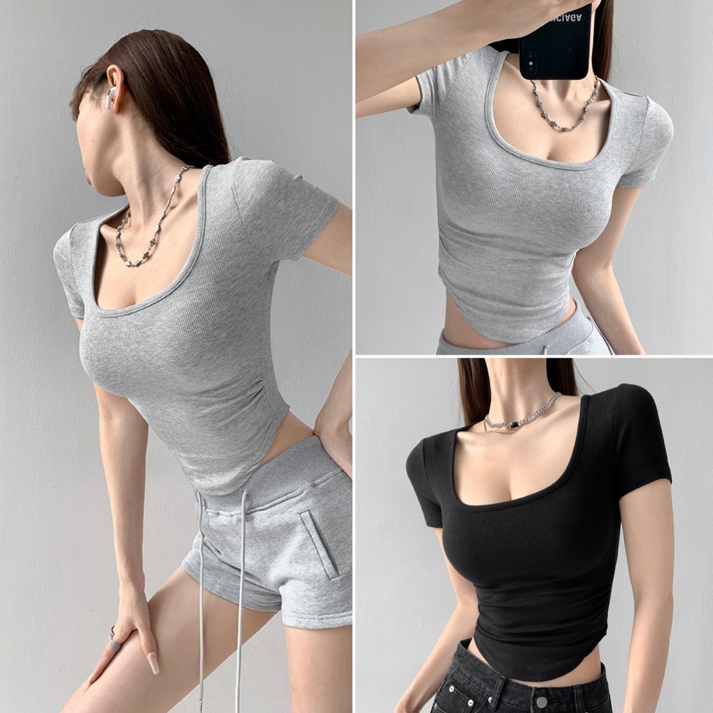 Hotgirl พร้อมส่ง เสื้อรัดรูป เสื้อยืดครอปผู้หญิง ผ้ายืดลายทางสั้น คอยูสีพื้น ดีไซน์จีบด้านข้าง สไตล์เกาหลี