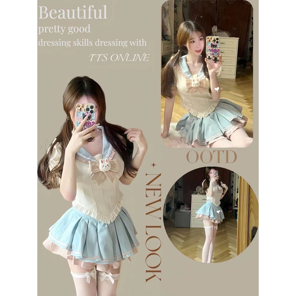 TTS สูทสาวฮอต เสื้อแขนสั้นสีหวาน เสื้อท่อนบน กระโปรงพองๆ ครบชุดรับซัมเมอ