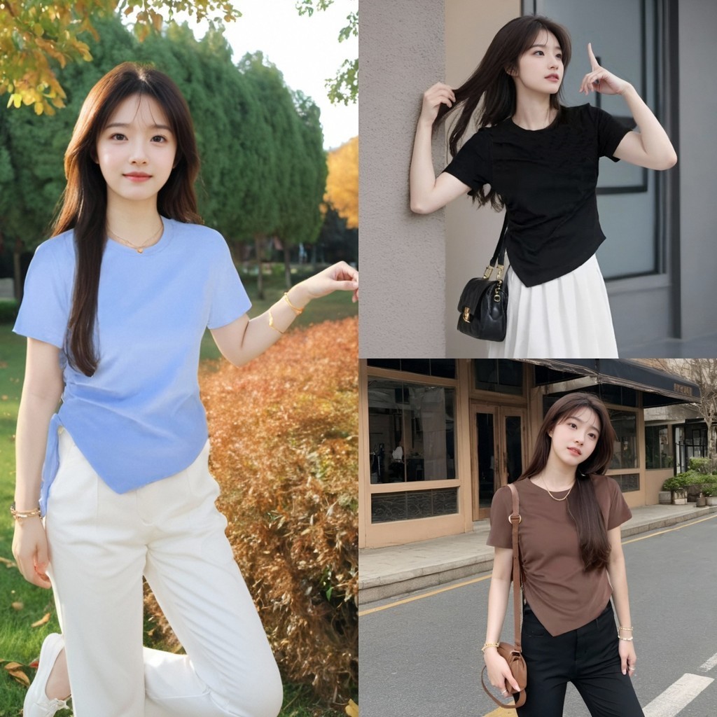 เสื้อยืดแขนสั้นสีทึบสำหรับผู้หญิง ฤดูร้อน ระบายอากาศได้ สไตล์เกาหลีที่ทันสมัยและสะดุดตา