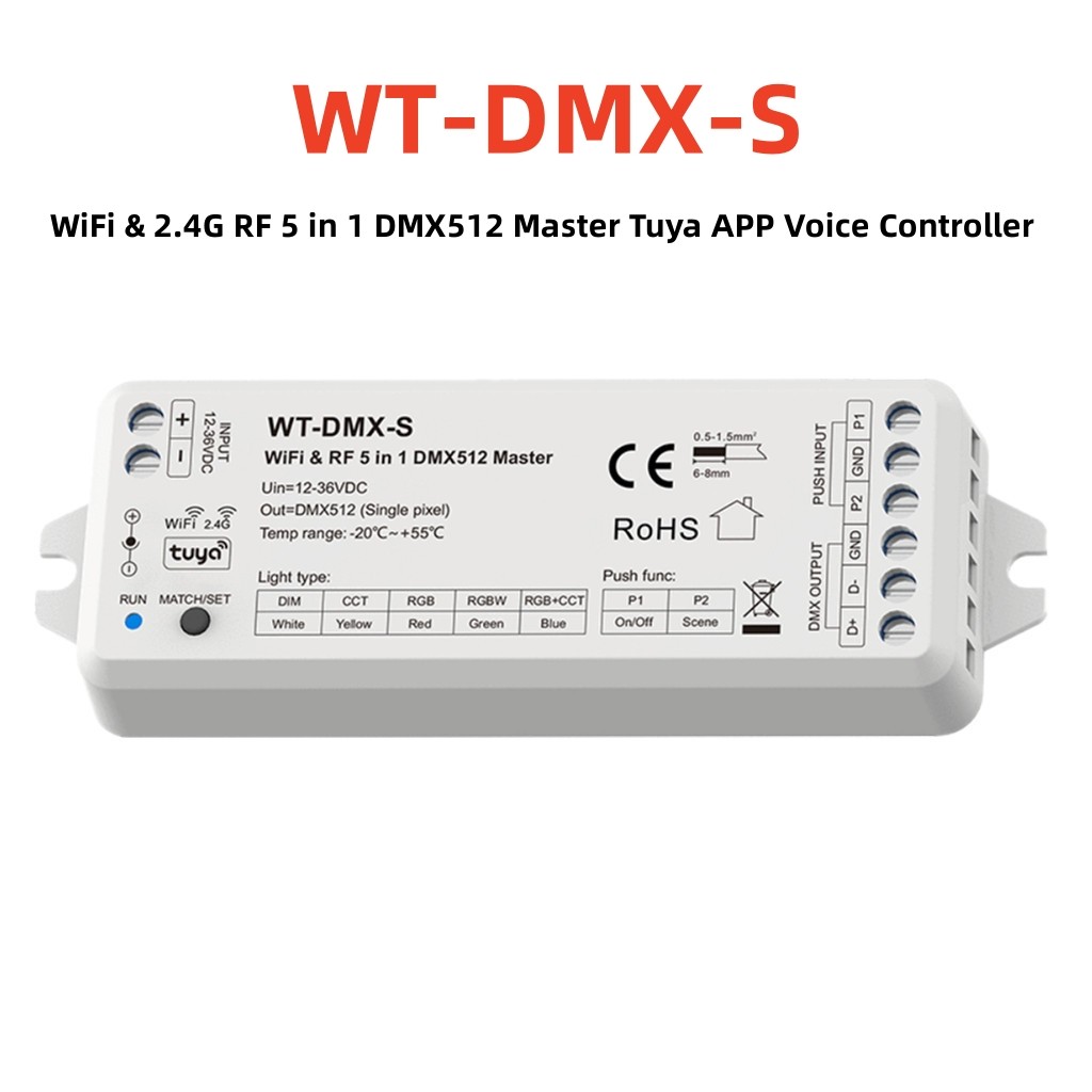 Wifi & 2.4G RF 5 in 1 DMX512 Master Tuya APP Voice Controller สําหรับเปิด/ปิด RGB RGB + CCT อุณหภูมิ