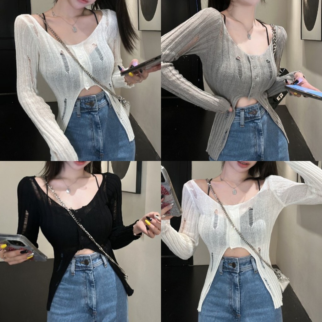 💜Boonie💜​เสื้อถักไหมพรมแขนยาว เข้ารูป คอวี มินิมอลดีเทลขาดๆ เกาหลี เสื้อแขนยาว สุดเซ็กซี่ ผ้านุ่ม พร้อมส่ง