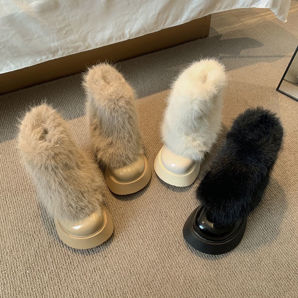 ฤดูหนาวรองเท้าผู้หญิง Fluffy Faux Fur Plush Warm Footwear Bottes แฟชั่นรองเท้าบู๊ตหิมะ