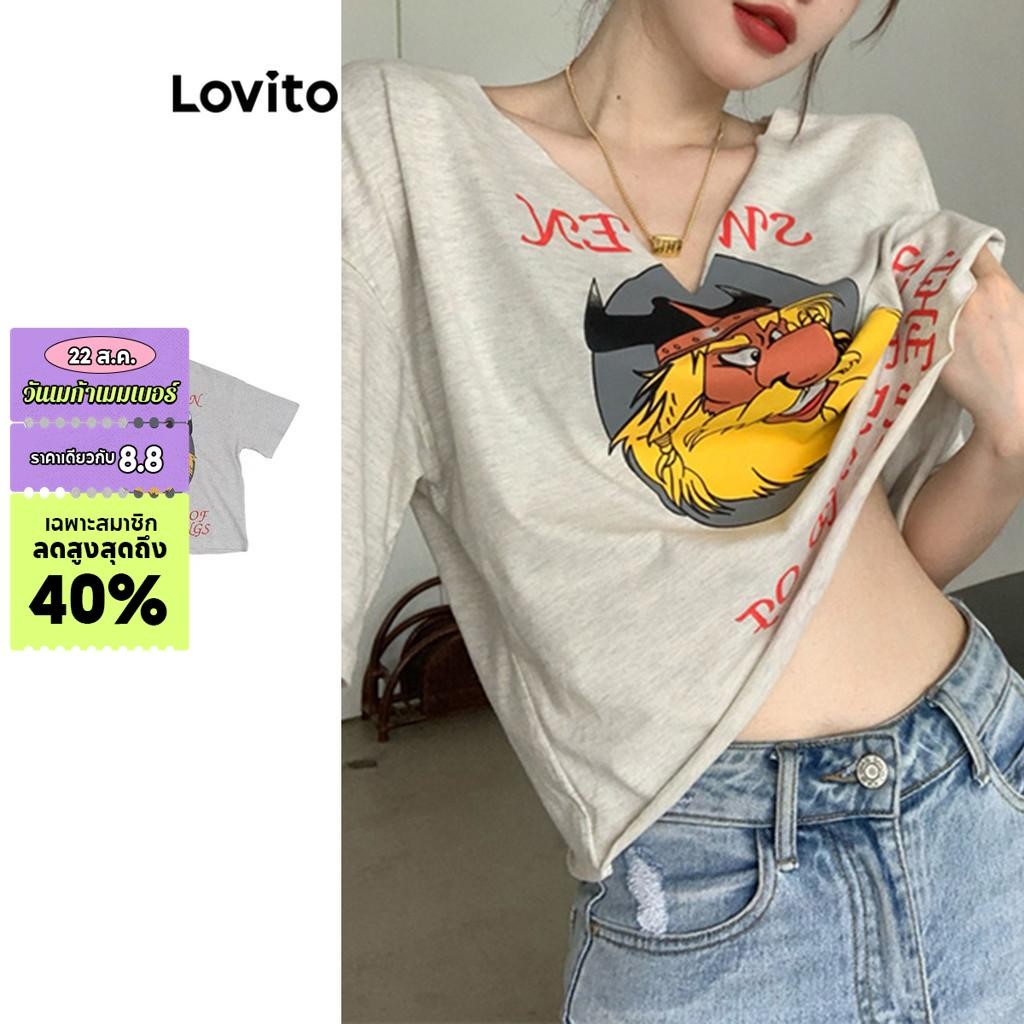 Lovito เสื้อยืดผู้หญิง แบบพิมพ์ลาย สไตล์ลำลอง LNA59019