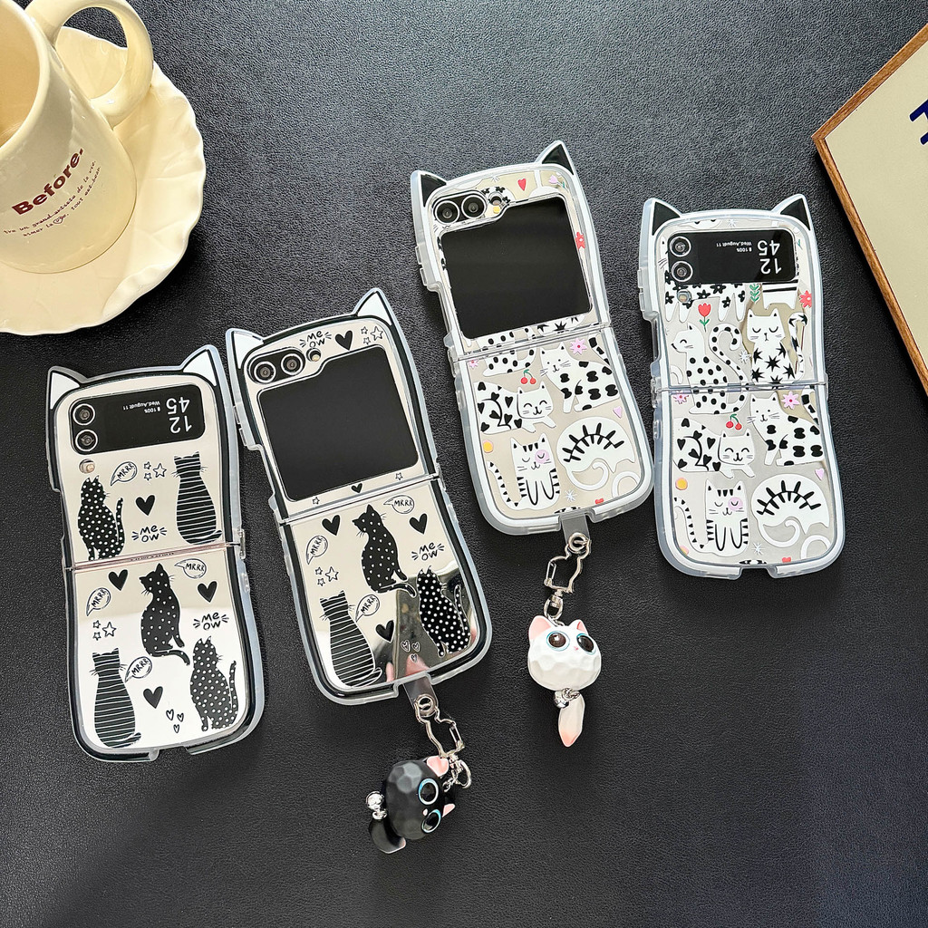 FLIP7 Samsung Galaxy Z Flip 6 Flip5 กระจกเคสหูแมวนุ่มน่ารักการ์ตูน Wave Point cat พร้อมสายโซ่เคส Sam