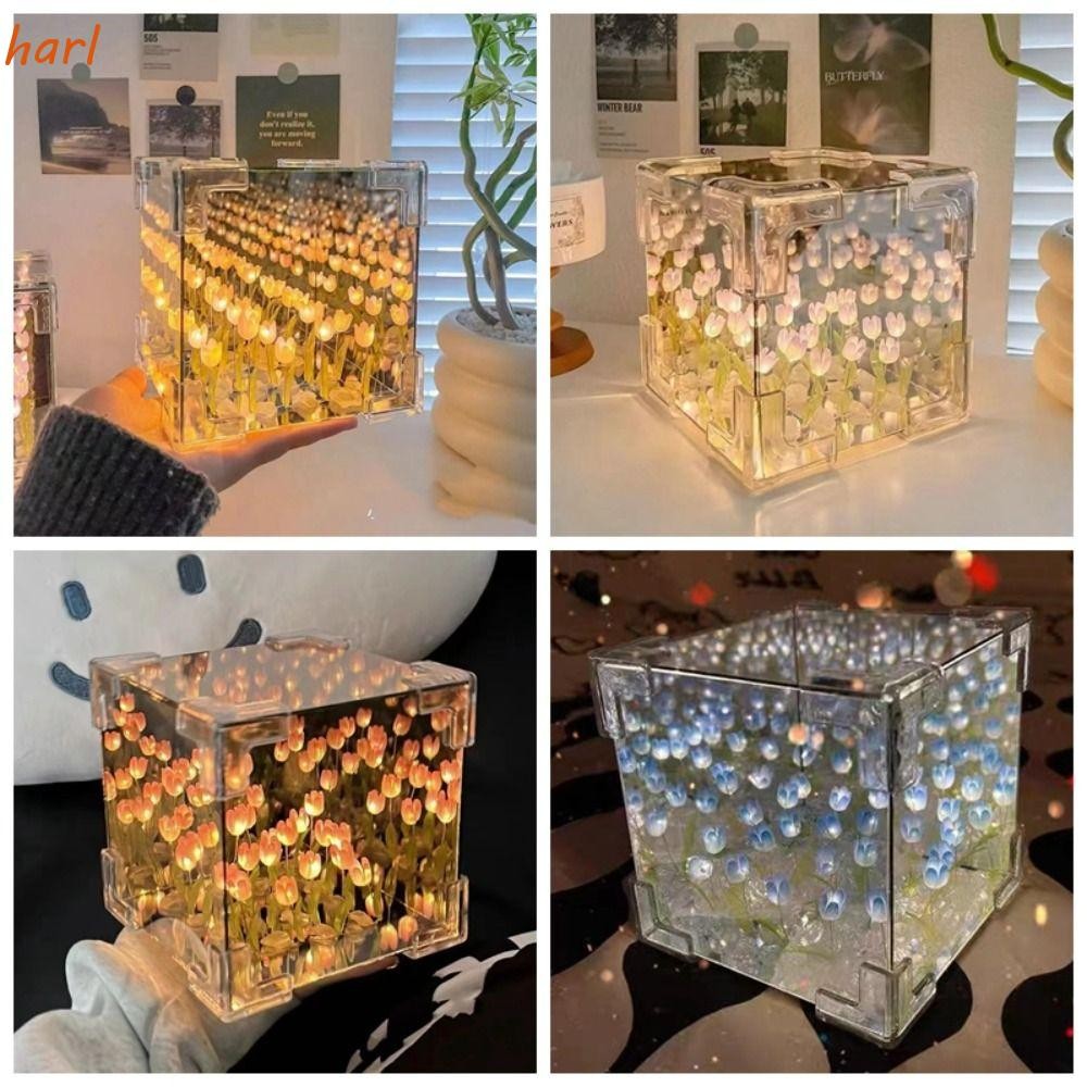 Harl ทิวลิป Night Light, Excluding ของขวัญกระเป๋า Handmade DIY LED ตกแต่งโคมไฟกลางคืน, 2024 Creative Magic Cube 21 ดอกไม้ดอกทิวลิปดอกไม้โคมไฟตั้งโต๊ะของขวัญวันเกิด