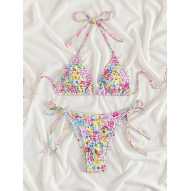 🌷ส่งไวจากไทย🌷ชุดว่ายน้ำลายดอก บิกินี่สวยๆ มีเลือกผูก ผ้าย่น สีน่ารักมาก สไตล์สายฝอ เซ็กซี่ - รูปที่ 4