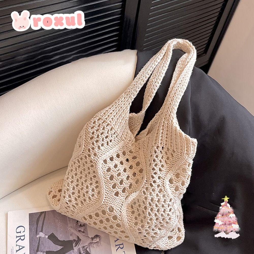 Roxul กระเป๋าสะพายถัก, Shopping Tote Hollow ทอผู้หญิงโครเชต์กระเป๋า, Retro Travel กระเป๋าถือความจุขนาดใหญ่ชายหาด