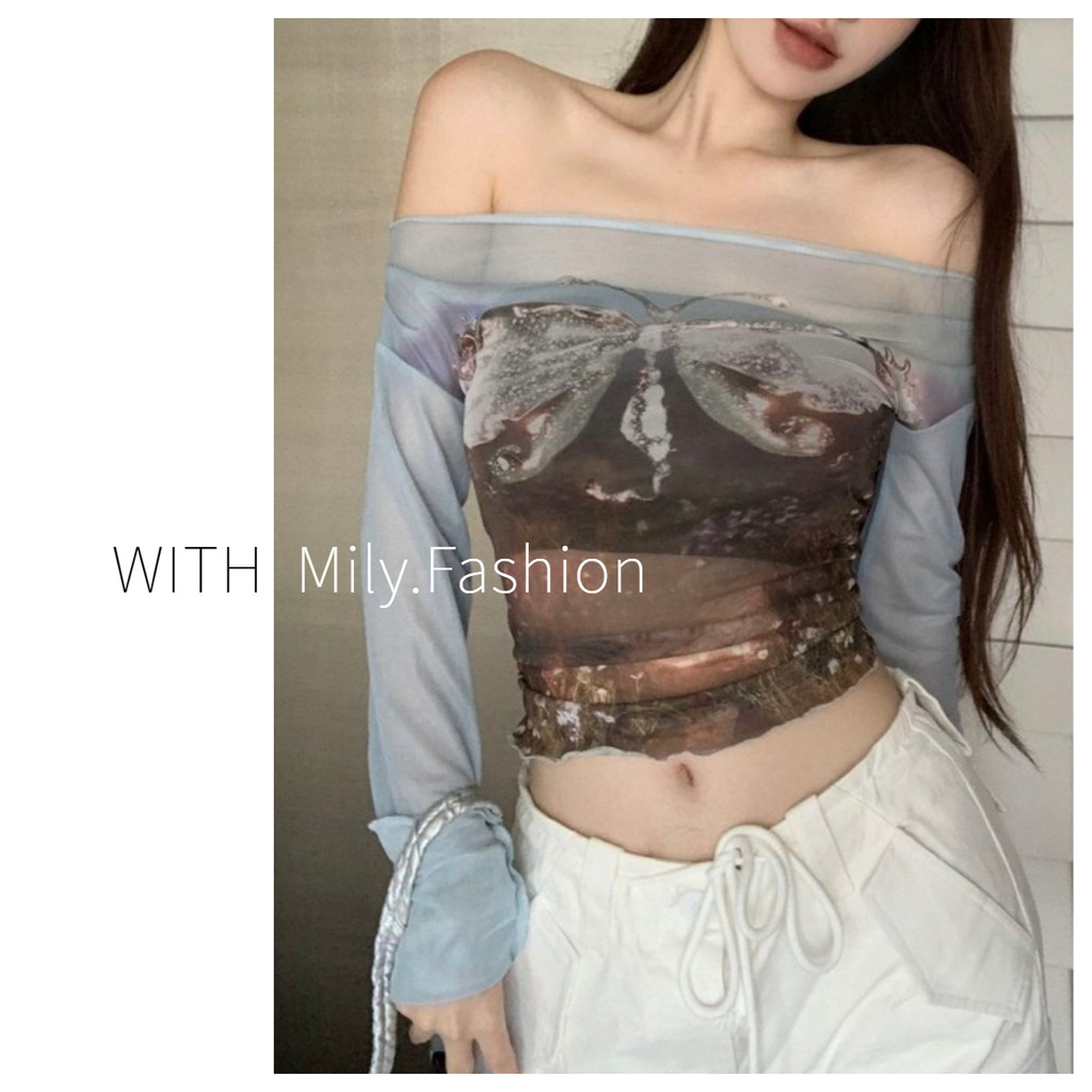 Milyfashion เสื้อยืดแขนยาว คอแบน กันแดด เอวแคบ เข้ารูป พิมพ์ลาย สีฟ้า สไตล์ฮ่องกง แฟชั่นฤดูร้อน สําหรับผู้หญิง