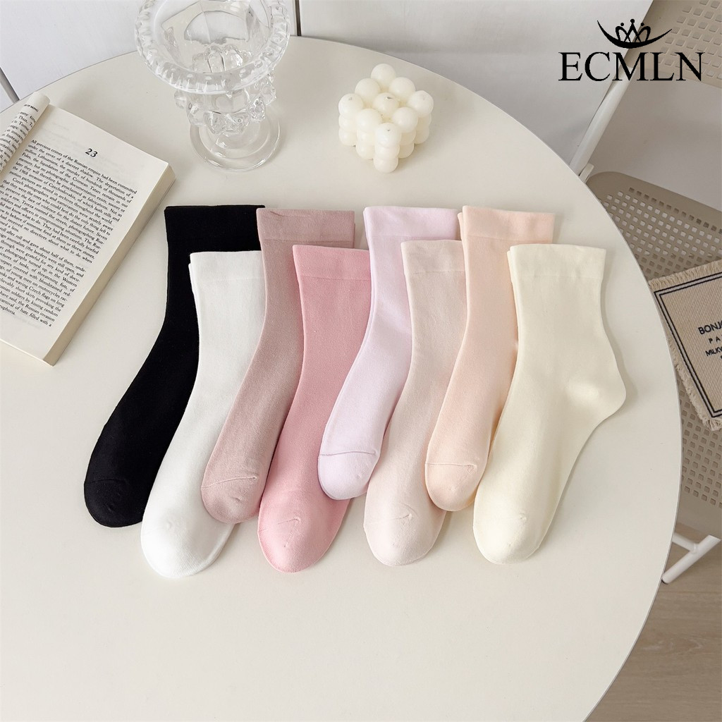 Ecmln ญี่ปุ่นสีชมพูสไตล์ผู้หญิงถุงเท้าผ้าฝ้ายสีทึบกองสาวถุงเท้ากลางหลอด