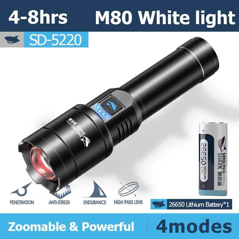Smiling Shark ไฟฉายสว่างเป็นพิเศษ Led M80 5000lm ไฟฉายกําลังสูง USD แบบชาร์จไฟได้