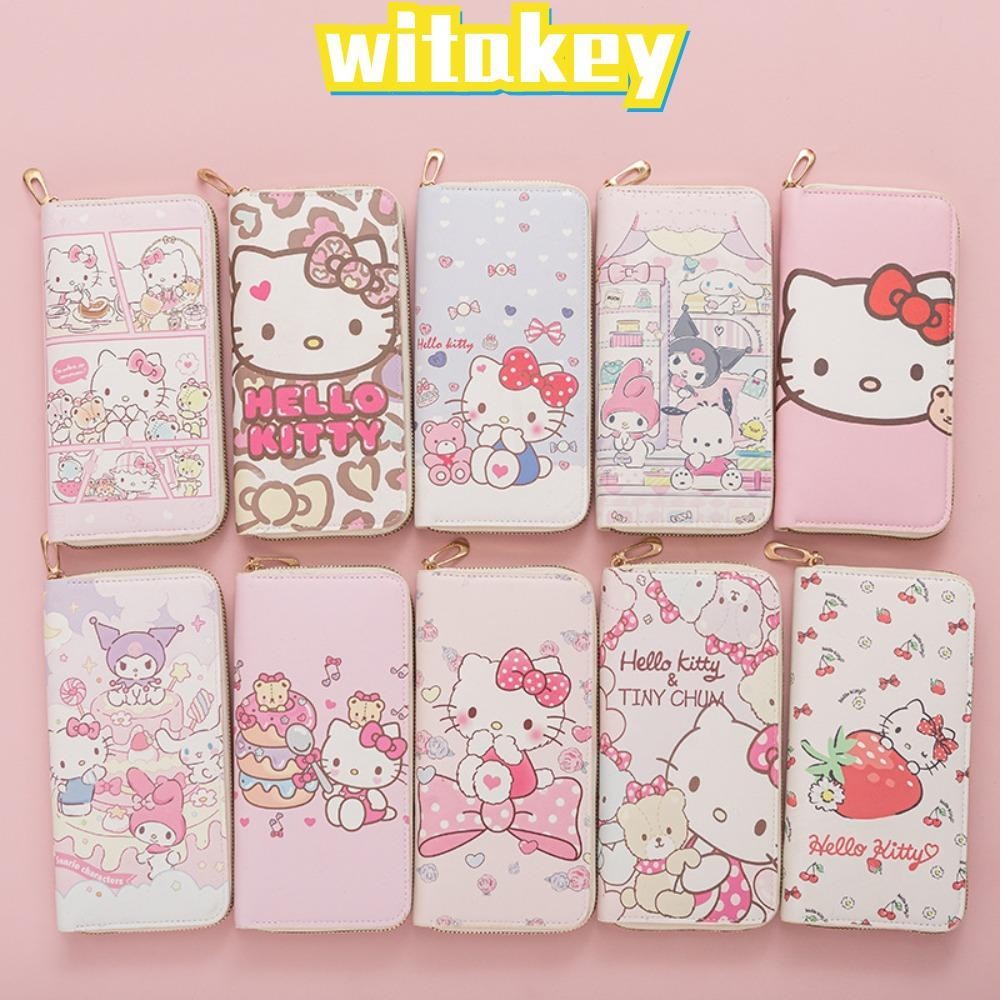 Witakey กระเป๋าสตางค์ใบยาว, กระเป๋าใส่เหรียญมีซิปหนัง PU, กระเป๋าการ์ด Hello Kitty ความจุขนาดใหญ่แฟชั่นเด็กผู้หญิง