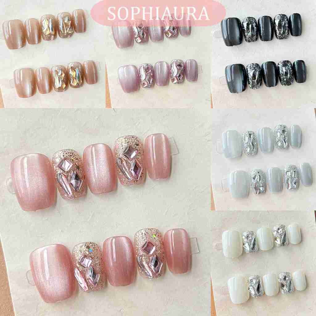 [กาวฟรี] 12 สี Cat Eye Press บนเล็บสั้นสแควร์รูปร่างเล็บปลอมกาวสติกเกอร์ Beige สีชมพูสีเขียวสีดําสีฟ้าสีน้ําตาลสีม่วงสีม่วงสี