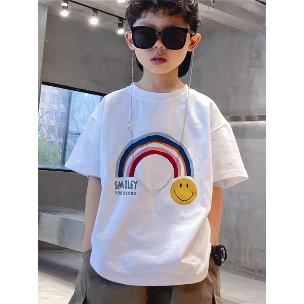 (จัดส่งตลอด 24 ชั่วโมง)Kids T shopเสื้อยืดแขนสั้นแบบสบาย ๆ ผ้าฝ้ายพิมพ์ลายสายรุ้งทรัมเป็ตฤดูร้อนเด็กผู้ชาย