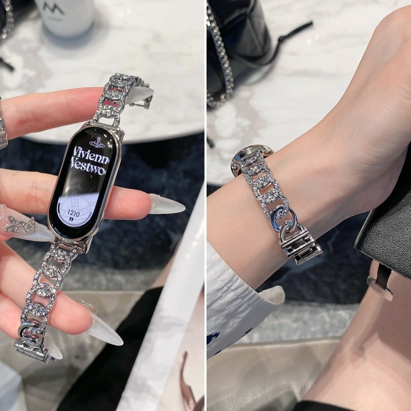 Bling สร้อยข้อมือเพชรสําหรับ Xiaomi Mi Band 9 Luxury Glitter โลหะสําหรับ Mi Band 8 ผู้หญิง Repleacem