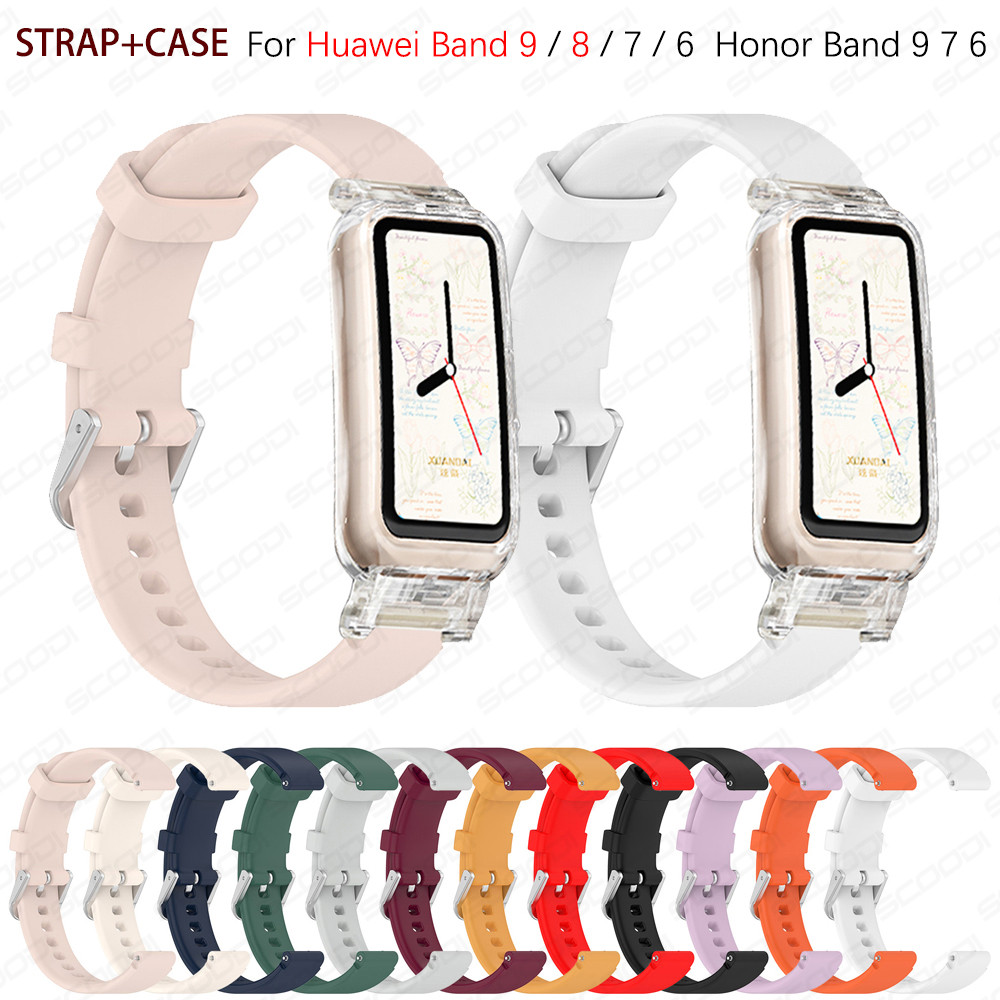 สายรัดข้อมือซิลิโคนพร้อมเคส สำหรับ Huawei Band 11 11pro 10 / 9 / 8 / 7 / 6 / 6Pro สายรัดข้อมือสำหรับ Honor Band 10 9 7 6 สายรัดข้อมือซิลิโคนนุ่มสำหรับเล่นกีฬา