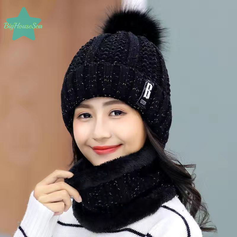 [BigHouseSea] ฤดูหนาวถักผ้าพันคอหมวกชุดหนาอบอุ่น Skullies Beanies หมวกสําหรับผู้หญิงขี่จักรยานกลางแจ้งขี่สกี Bonnet หมวกผ้าพันคอใหม่
