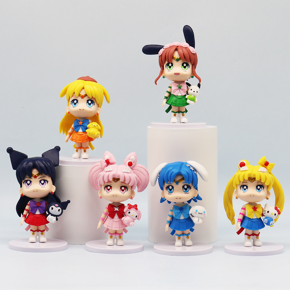 6 ชิ้น/เซ็ต 11 ซม.อะนิเมะ Sailor Moon รูป Tsukino Usagi Hello Kitty Chibi Usa My Melody Mizuno Ami Hino Rei Kuromi Kino Makoto รุ่น Q PVC Action Figures ตุ๊กตาของเล่น