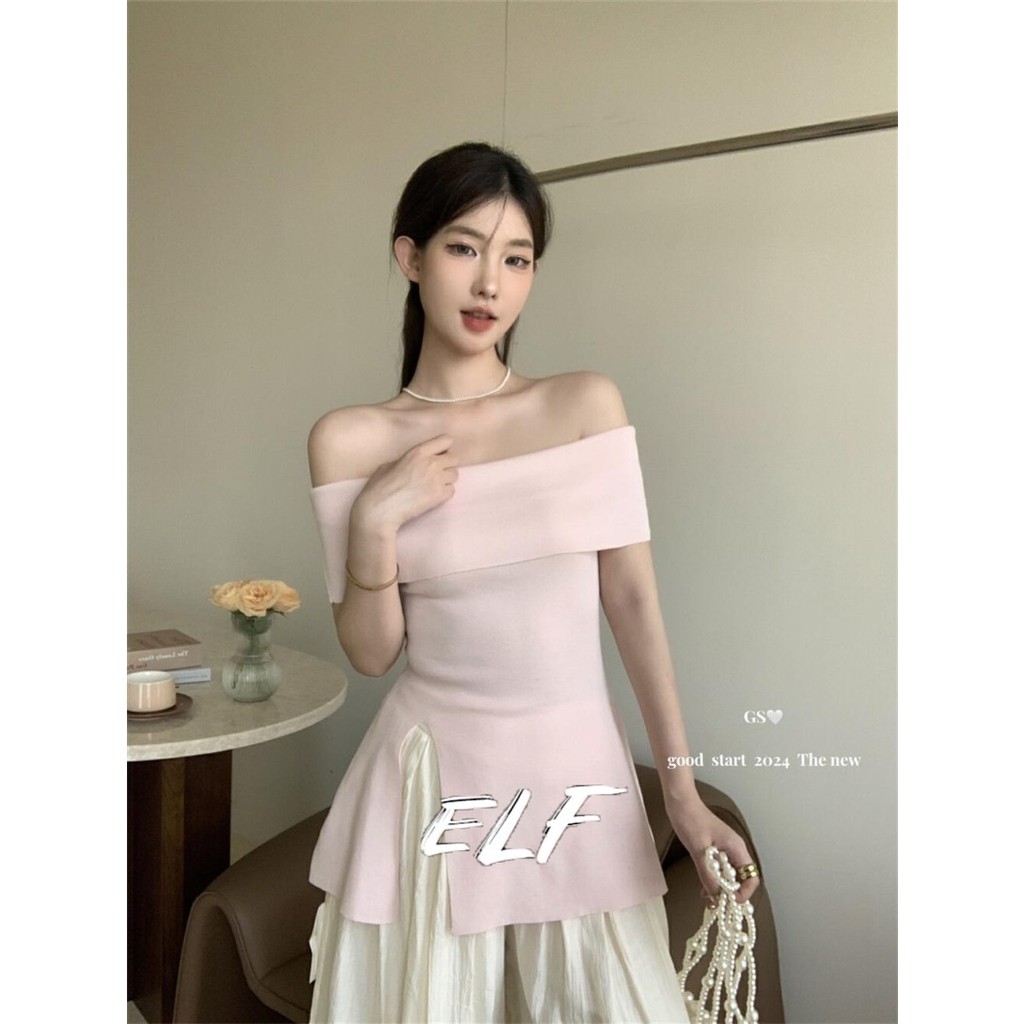 ใหม่เกาหลีผู้หญิงสีธรรมดาหนึ่งไหล่ถักเอวสลิมฟิตแยกถักแขนสั้นเสื้อยืดด้านบน