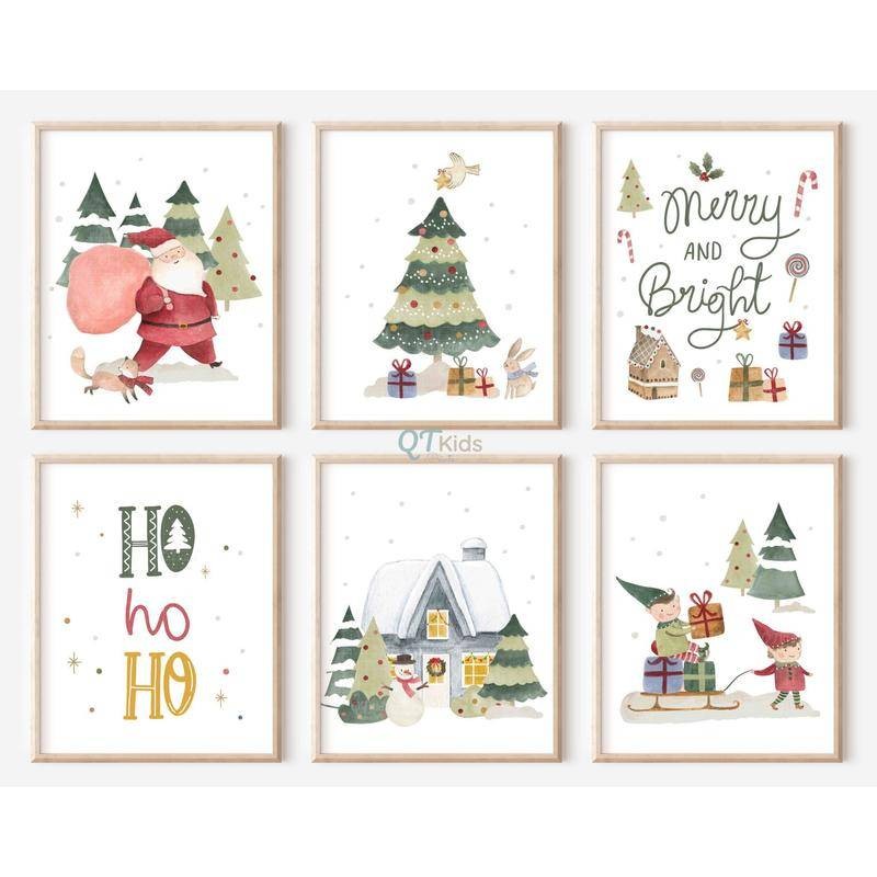 ตกแต่งคริสต์มาสห้องเด็ก ศิลปะผนัง Playroom ชุดต้นคริสต์มาส 6 ชิ้น Santa Claus Elves โปสเตอร์เด็ก, โปสเตอร์คริสต์มาส, ตกแต่งบ้านเทศกาล, ไม่มีกรอบโปสเตอร์