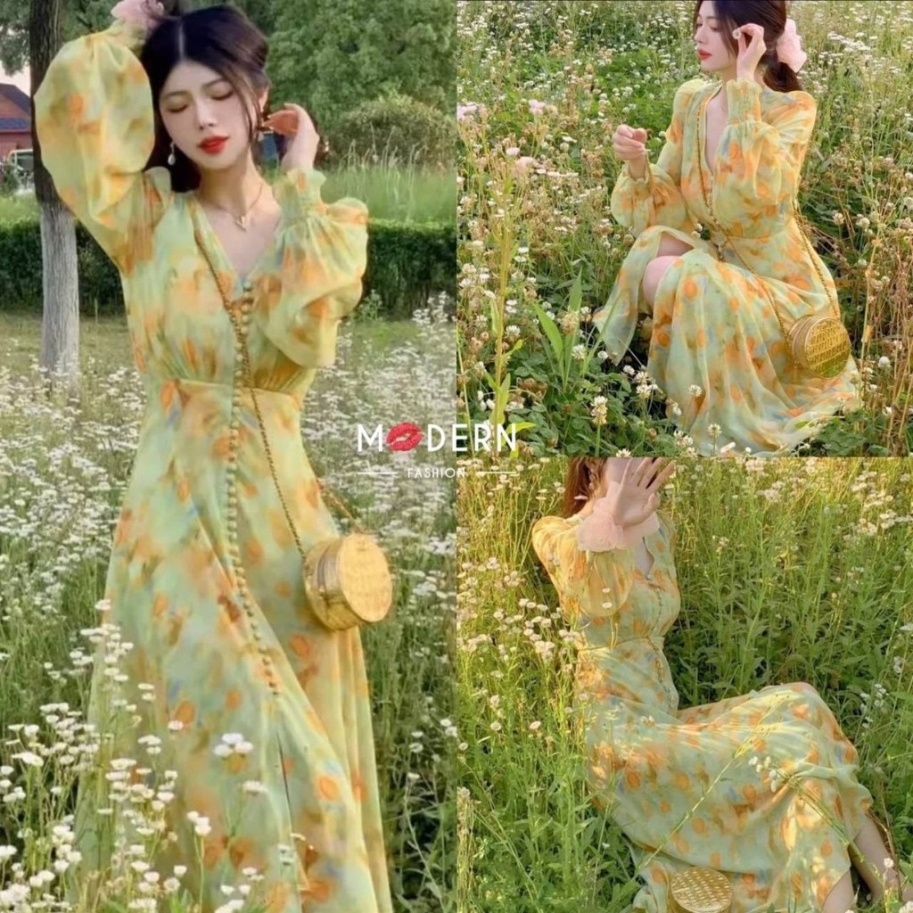 แม็กซี่เดรสกระดุมหน้า ลายสวยหรูสีโทนเขียวป้ายModern
