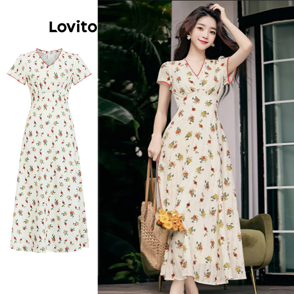 Lovito ชุดเดรสผูกหลังลายดอกไม้ ลายเดซี่หรูหราสำหรับผู้หญิง L99ED1023