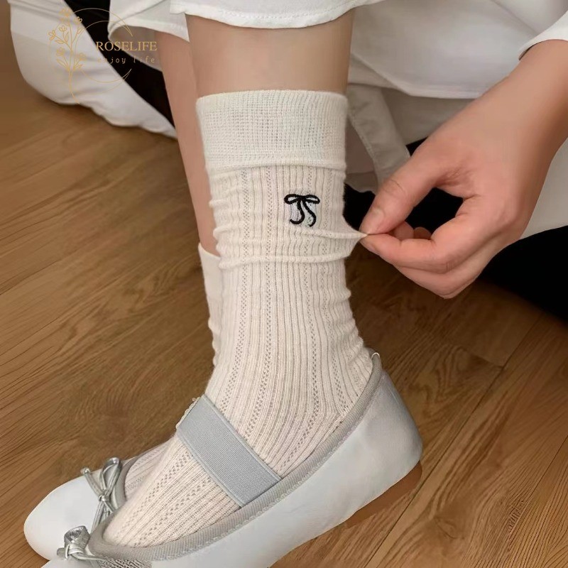 โรสไลฟ์ สง่างาม สไตล์หวานบัลเล่ต์น่ารักโบว์ลูกวัวถุงเท้าสูงสําหรับผู้หญิงสาวฤดูใบไม้ผลิฤดูใบไม้ร่วงระบายอากาศถุงเท้าบางแฟชั่นรองเท้าอเนก