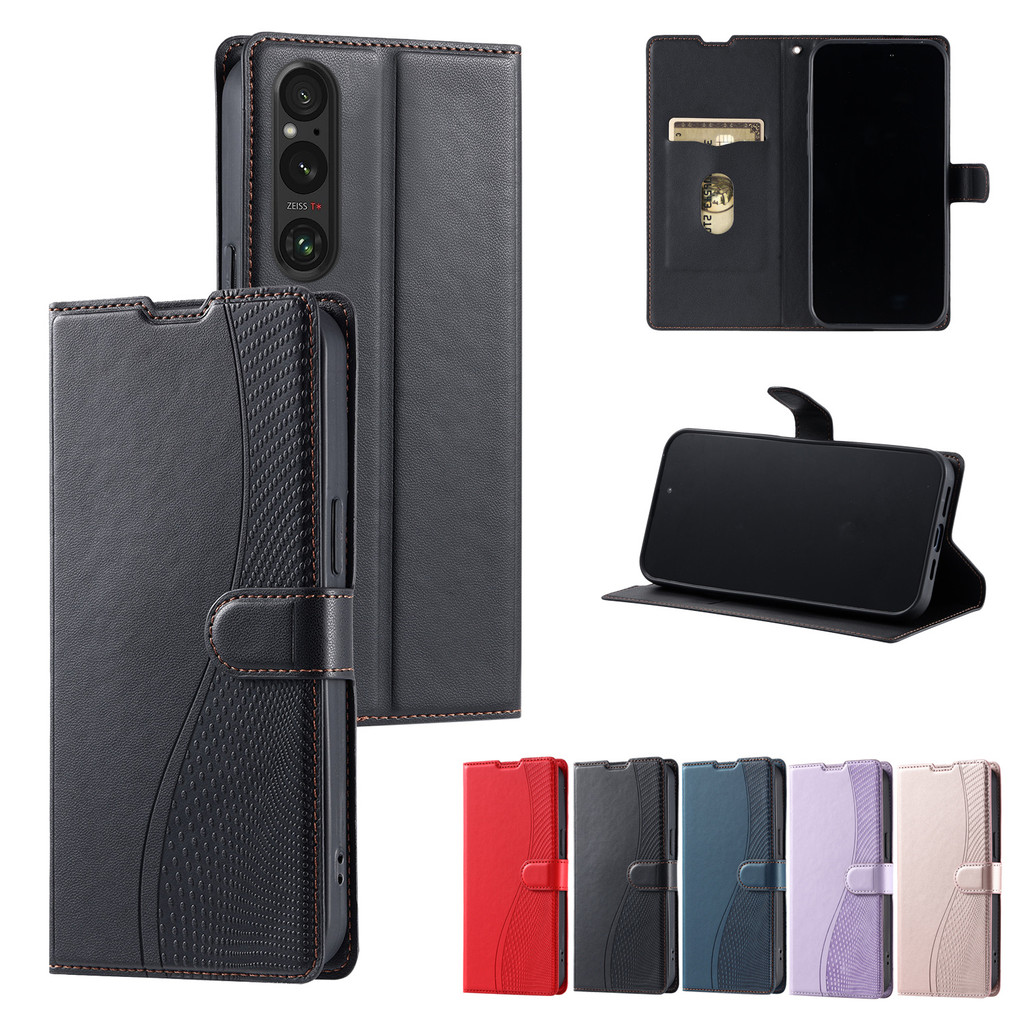 เคส Case for Sony Xperia 10 VI 1 V 5 IV III II 2 3 4 5 6 เคสโทรศัพท์หนังฝาพับพร้อมช่องใส่บัตรสําหรับ Embossed Thin PU Leather Cover Wallet With Card Slots Holder Stand Soft TPU Shell Hand Strap ซองมือถือ