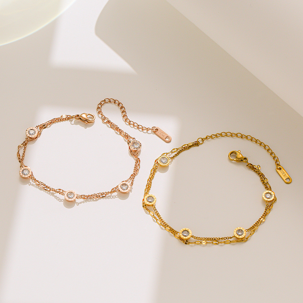 เพชรโรมัน Rose Gold Double-Layer สร้อยข้อมือเหล็กไทเทเนียมแฟชั่นเวอร์ชั่นเกาหลีเพชรเดี่ยว Simple All-Match สร้อยข้อมือของขวัญของขวัญ