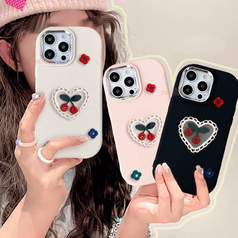 เคส 3D Flower Sweet Cherry For Samsung Galaxy A25 A34 A51 A54 A15 A24 A53 A33 A23 A13 A32 A52 A52S 5G A14 A12 M12 A22 LTE M22 M32 4G A05S A05 A03 A03S A50 A50S A30S M40S Pearl Strap Luxury Plating Silicone Soft Phone Case JSK 11