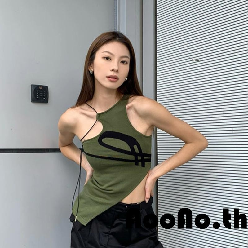 Aooao-เสื้อกล้ามผู้หญิง แขนกุด พิมพ์ลาย ทรงไม่สมมาตร เทรนด์ใหม่
