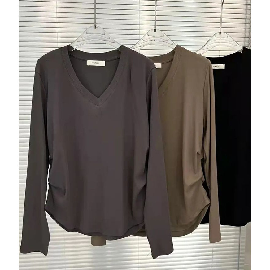 เสื้อยืดโอเวอร์ไซส์(40-150กก.) ผู้หญิงไม่สม่ําเสมอเสื้อแขนยาวธรรมดาขนาดบวกแฟชั่นvคอtเสื้อ