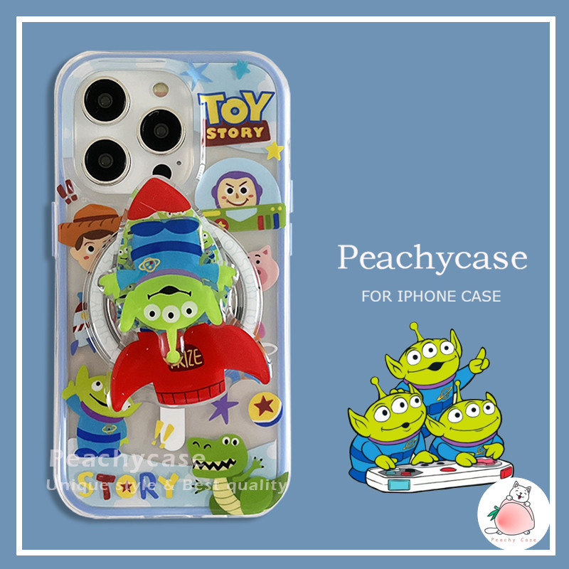 การ์ตูน 2 in 1 Toy Story Rotatable Alien Holder Magnetic Wireless Charging เคสโทรศัพท์สําหรับ iPhone 16 15 14 13 Pro Max TPU Anti-drop ฝาหลังปลอก
