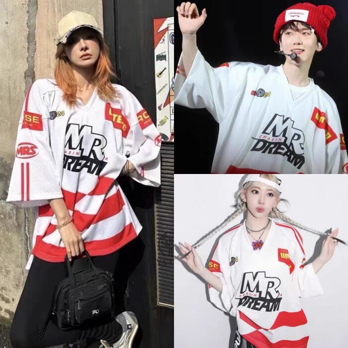 Le Sserafim Sakura Exo Baek Hyun American Martine Rose Retro Blockcore คอวีหลวม Jersey แฟชั่นคู่หลวม