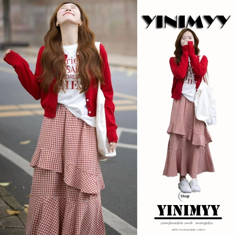 【Bess's house-bigsize】cardigan+เสื้อยืด+กระโปรงยาว，ฤดูใบไม้ร่วงสไตล์อ่อนโยนสวมชุดเสื้อสเวตเตอร์ถักผู้หญิงกระโปรงเอวสูงชุดสามชิ้น 2024 ใหม่สไตล์เกาหลีด้านบน，ชุดเซ็ต，เสื้อเซต，ชุด set ผู้หญิง