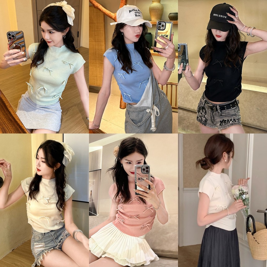 Evelyn ​เสื้อยืดไหมพรม คอกลม ดีเทลสีพาสเทล ติดโบว์น่ารักมาก เสื้อแขนสั้น ผู้หญิง ใส่สบาย สไตล์ลำลอง#E321