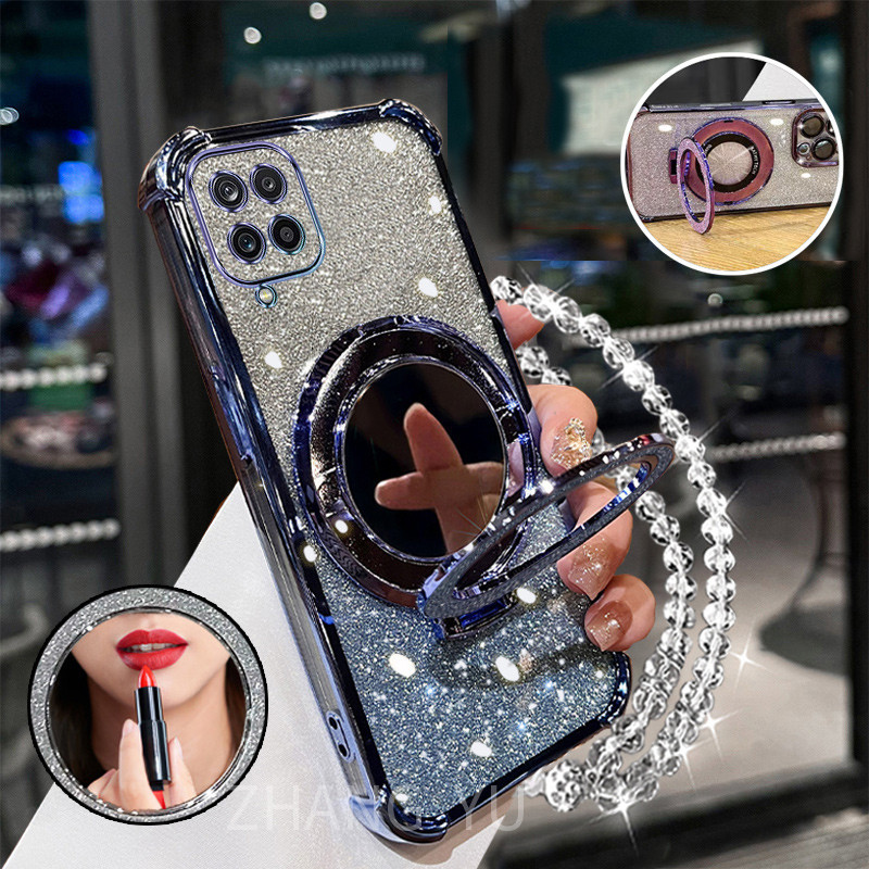 กันกระแทกเคสสําหรับ Samsung A12 M12 A224G M22 เคสโทรศัพท์ 3D ที่วางกระจกแต่งหน้าสร้อยข้อมือใหม่ softcase - รูปที่ 2