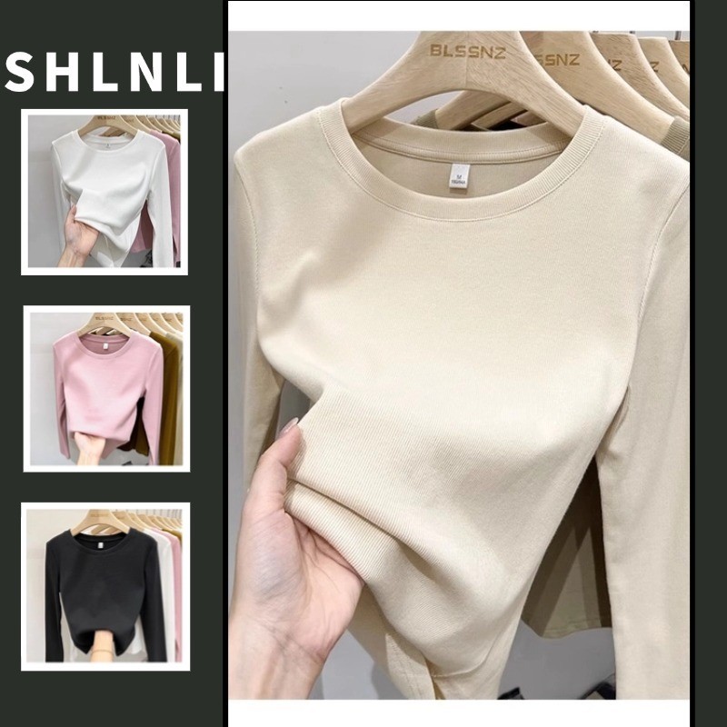 เสื้อยืดคอกลมแขนยาวสีพื้นสําหรับผู้หญิงฤดูใบไม้ร่วงฤดูหนาวหนาเรียบง่ายฐานด้านบน