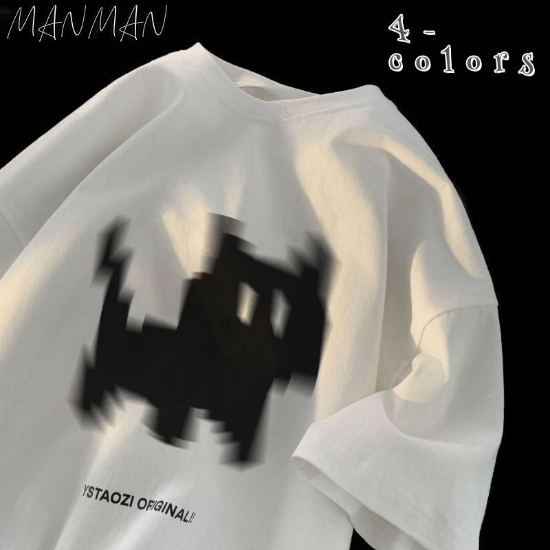 MANMAN แขนสั้นผู้ชาย เสื้อยืดผู้หญิง ชุดคู่รัก พิมพ์ลาย เสื้อลำลอง แบบหลวม คอกลม